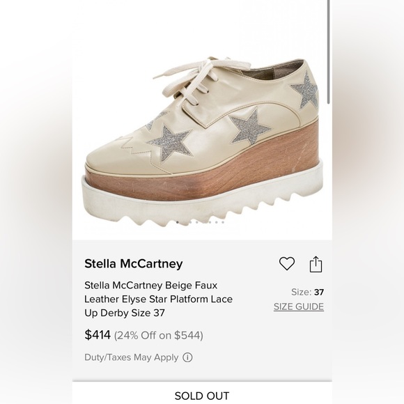 Stella McCartney size 6.5 Beige Faux Leather Elyse Star Platform Lace Up Derby - Picture 14 of 14
